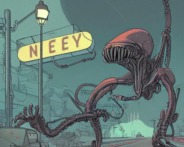 Image similar to a study of cell shaded cartoon of a xenomorph on a country road, street lamps, road, illustration, wide shot, subtle colors, post grunge, concept art by josan gonzales and wlop, by james jean, Victo ngai, David Rubín, Mike Mignola, Laurie Greasley, highly detailed, sharp focus, alien, Trending on Artstation, HQ, deviantart, art by artgem