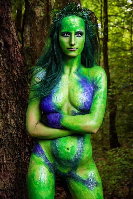 Image similar to a young greek woman dressed as a green-skinned verdan from DND standing in a forest, green body paint, high resolution film still, 8k, HDR colors, cosplay, outdoor lighting, high resolution photograph, photo by bruce weber, beautiful symmetric face