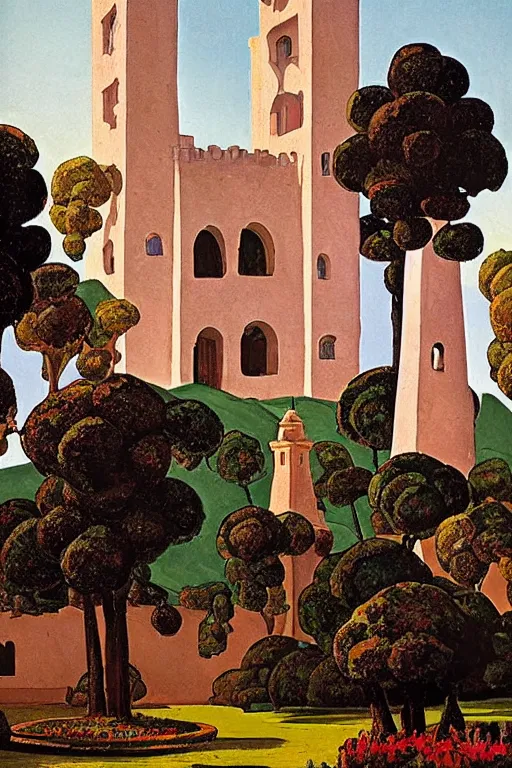 Image similar to view of the ancient tiled white tower in its gardens after a storm, tall windows, beautiful moorish ornament, dramatic cinematic lighting, rich colors, golden age illustration, by Sylvain Sarrailh and Nicholas Roerich and Ludwig Deutsch