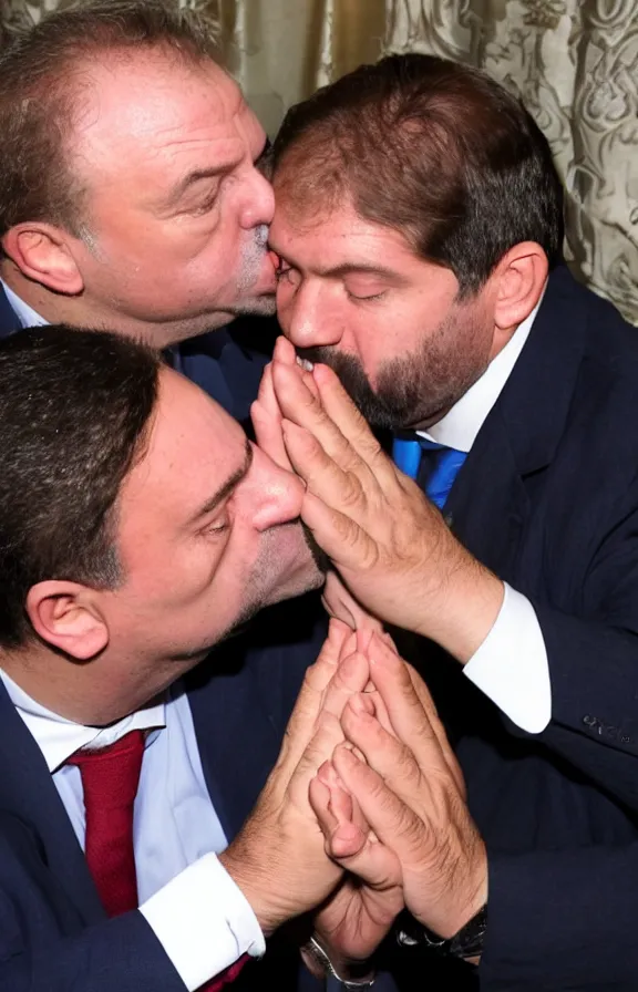 Prompt: jose antonio kast kissing the hand of gabriel boric