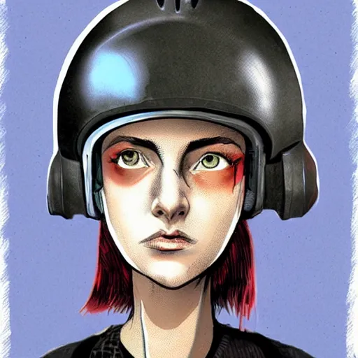 Prompt: portrait of girl wearing a helmet, in the style of enki bilal and dave mckean, isolated on white