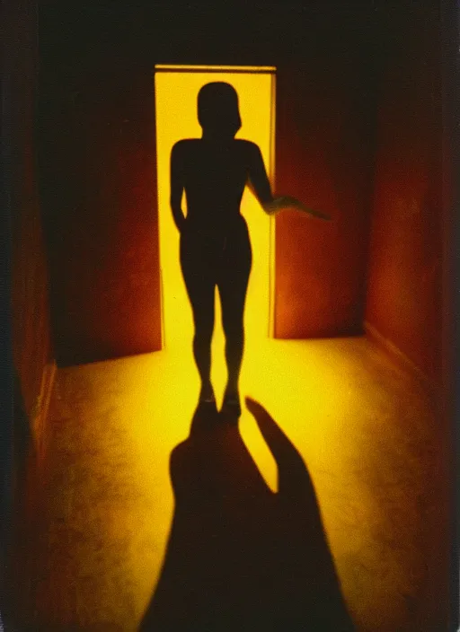 Prompt: a creepy neon silhouette hovers inside of a hall. liminal, cozy, dramatic soft color lighting ( 1 9 8 4 ). featured polaroid