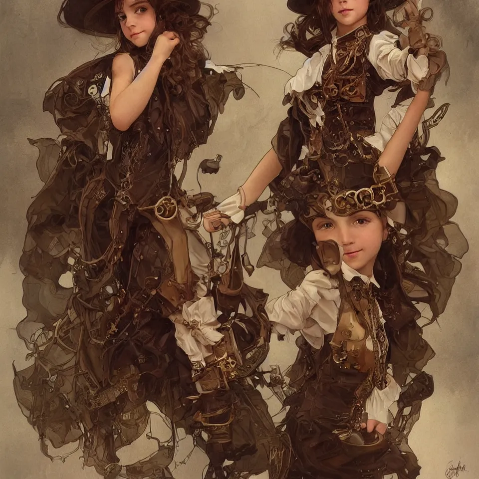 Image similar to little girl in steampunk outfit, wears brown boots, full body shot, olive skin, brown dark hair, beautiful bone structure, intricate, elegant, highly detailed, digital painting, artstation, concept art, smooth, sharp focus, illustration, art by artgerm and greg rutkowski and alphonse mucha