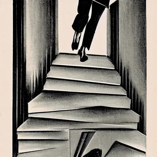 Image similar to chasing my dreams down a flight of stairs 1950s illustration