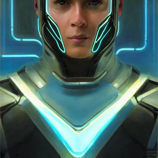 Image similar to tron as a realistic scifi cyberpunk knight, closeup portrait art by donato giancola and greg rutkowski, realistic face, digital art, trending on artstation, symmetry!!!