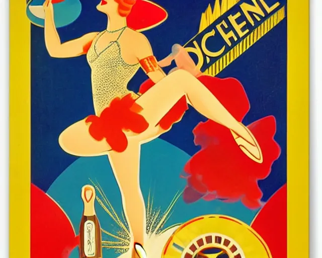 Image similar to art deco tin poster, dancer, melchizedek champagne bottle. cheerful, bright