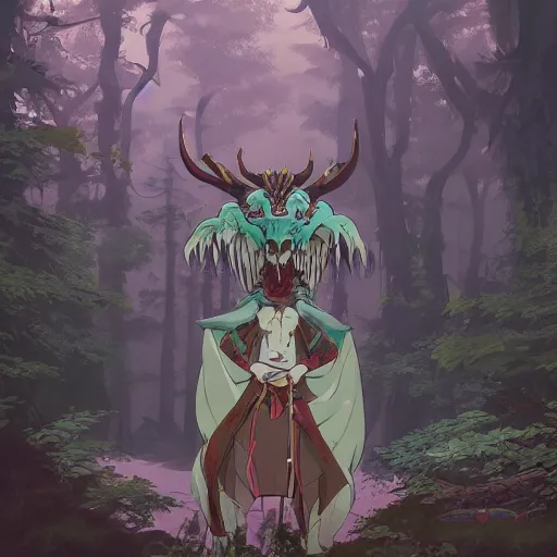 Image similar to concept art painting of an anthropomorphic dragon king with robes, a long dragon neck, and horned skull mask, in a deep forest, anime style, cel shaded, in the style of makoto shinkai and james gurney and studio ghibli and moebius