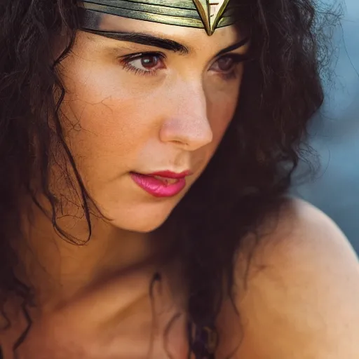 Image similar to still of Wonder Woman, 50% Mediterranean, stunning closeup, 35mm F/1.2