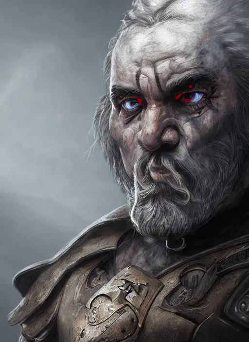 Prompt: A fantasy comic book style portrait painting of a gray dwarf with white eyes as a warrior in a atmospheric dark fortress, unreal 5, DAZ, hyperrealistic, octane render, RPG portrait, ambient light, dynamic lighting