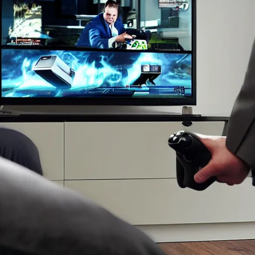 Image similar to a man in a business suit playing video games on his xbox 360 | the man is looking at the tv | Xbox 360 controller |