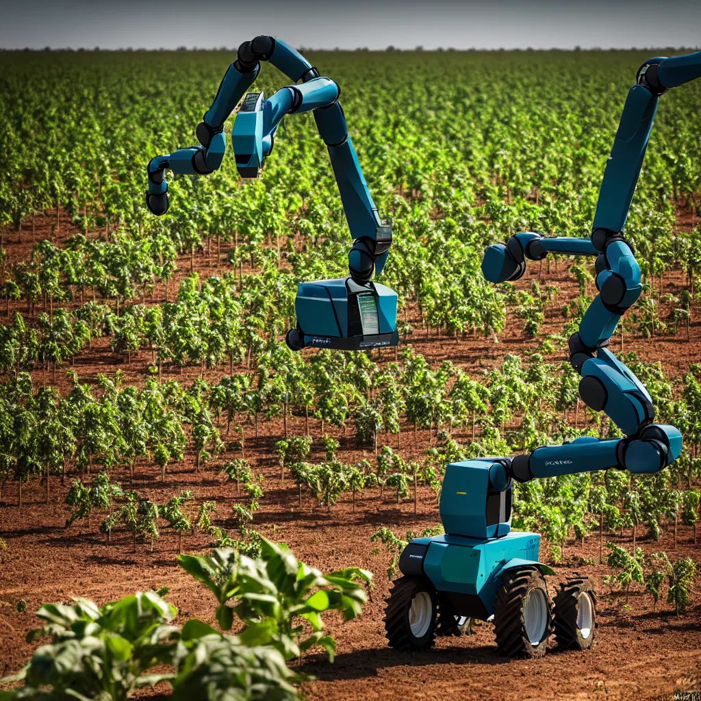 Image similar to robotic farming machinery maintaining a permaculture jungle in the desert, XF IQ4, 150MP, 50mm, F1.4, ISO 200, 1/160s, natural light