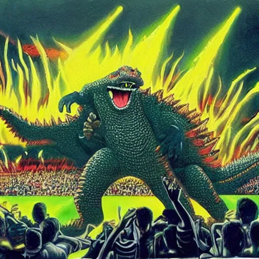 Image similar to beautiful lifelike painting of godzilla breakdancing at a rap concert, hyperreal detailed facial features and uv lighting, art by ed roth and basil wolverton