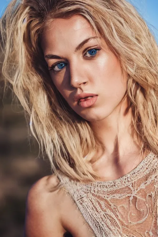 Prompt: olive skinned dirty blonde female model in her twenties, wearing a lacey designer top, looking content, focused on her neck, photo realistic, extreme detail skin, natural beauty, no filter, slr, golden hour, 4 k, high definition, selfie