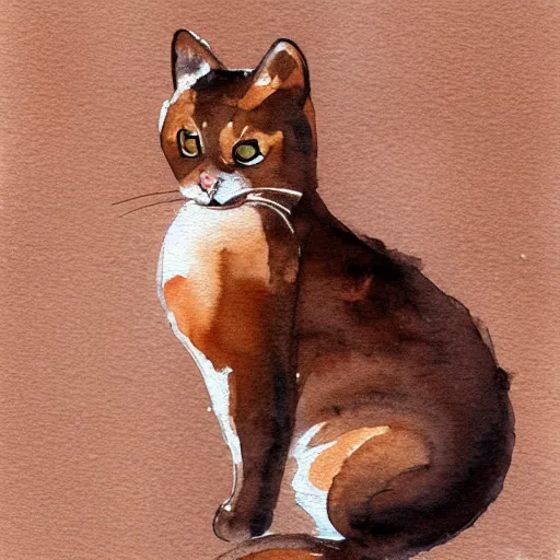 Image similar to simple watercolor painting of an entirely brown cat, light brush strokes,