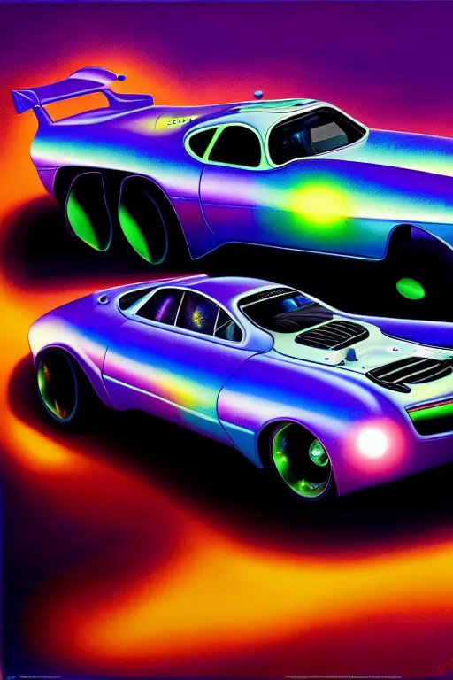 Prompt: a hyperrealistic detailed painting of a super futuristic iridescent halloween hotrod race car. cinematic lighting, depth perspective, depth of field, cinematic angle, by chris cunningham and richard corben, highly detailed, vivid color,