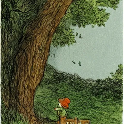 Image similar to A sign nailed to a tree next to the path which reads: The Hopping Trail. This way to adventure! illustration by Beatrix Potter