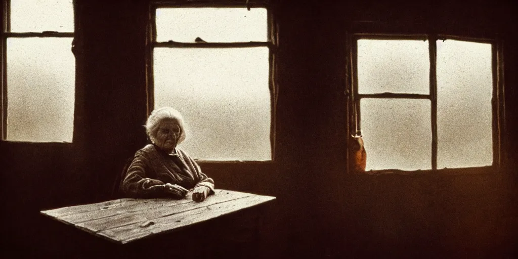 Image similar to portrait bust of old woman sitting at table, hands in pockets, looking outside, tired expression, faded color film, russian cinema, tarkovsky, technicolor, inside old cabin, next to window, heavy forest outside, long brown hair, old clothing, heavy fog, brown color palette, sunset, low light, hudson river school, 4 k, dramatic lighting