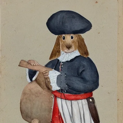 Prompt: a guinea pig dressed as a swedish 1700s soldier, watercolour