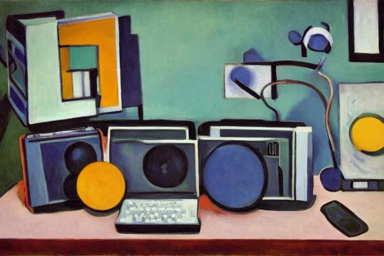 Prompt: still life painting of vintage computers by Henri Matisse, oil on canvas, strong lighting, highly detailed, hyper realism, HD, 4K