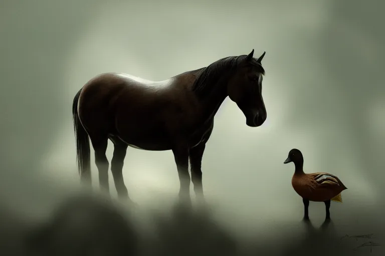 Prompt: a horse the size of a duck, stood next to a duck the size of a horse, evening light, cinematic photography, digital painting, volumetric light, concept art, trending on artstation, digital Art, fantasy art