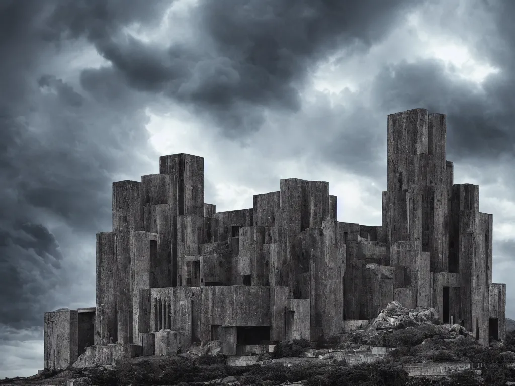 Image similar to photo of a brutalist symmetric cathedral built over a rocky hill, in the middle of a storm. realistic clouds. impressive, magical, very atmospheric, cinematic, stunning, masterpiece, romantic, justin gerard, paul bonner, cover photo, very detailed. 4 k