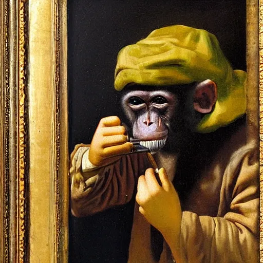 Image similar to Monkey smoking!!!!!!!! a Cuban cigar, oil on canvas, by Johannes Vermeer