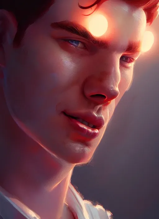 Prompt: portrait of archie andrews, freckles, curly middle part haircut, intricate, elegant, glowing lights, highly detailed, digital painting, artstation, concept art, smooth, sharp focus, illustration, art by wlop, mars ravelo and greg rutkowski