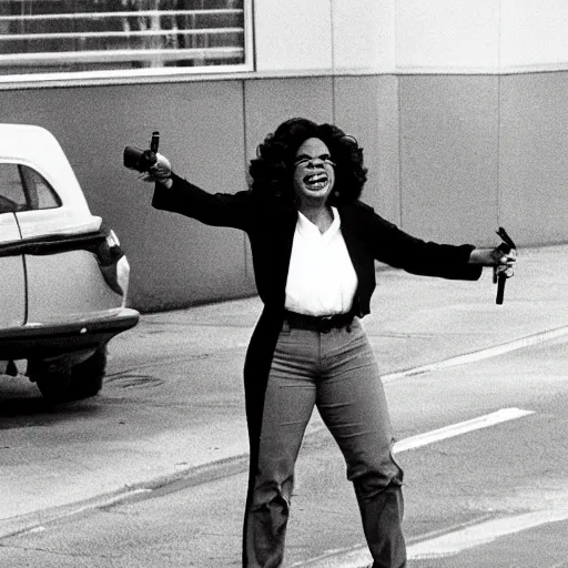 Image similar to oprah winfrey robbing a bank with a shotgun