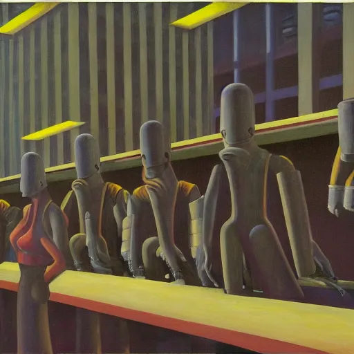 Image similar to drab human slaves on a conveyor belt, guarded by fascist robot overlords, brutalist facility, battersea, dystopian, pj crook, edward hopper, oil on canvas