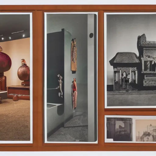 Image similar to A three color offset photography of objects on display, anthropology of wonder, exotic artifacts, bauhaus, colonial expedition, catalog exhibition, 60s style