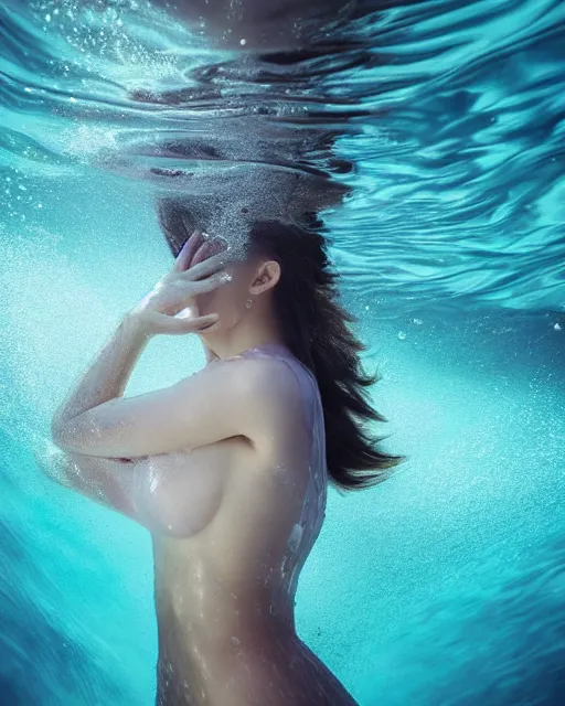 Image similar to photo of beautiful woman underwater during sunrise, flowing fabric, sunrays, elegant, caustics, rippling water, photoshoot, haunting, iconic, masterpiece, sharp focus, art by trending on artstation