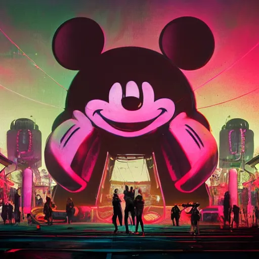 Image similar to a group of people standing around a giant one eyed mickey mouse, cyberpunk art by david lachapelle, cgsociety, sots art, dystopian art by industrial light and magic, concept art, neons, interior, in the style of beeple