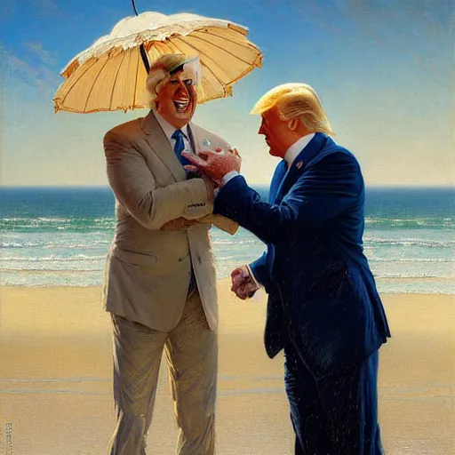 Image similar to joe biden and donald trump enjoying their time together at the beach. highly detailed painting by gaston bussiere, craig mullins, j. c. leyendecker, alphonse mucha 8 k