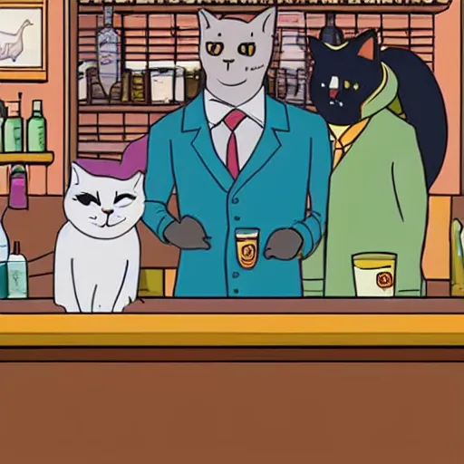 Prompt: three cats stacked in a trenchcoat doing business at the bar, bojack horseman style