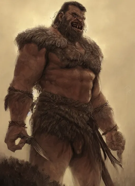 Image similar to realistic portrait painting of a male half - orc fantasy barbarian warrior, old mystic ruins, afternoon, intricate, elegant, highly detailed, digital painting, sharp, focus, by artgerm and greg rutkowski