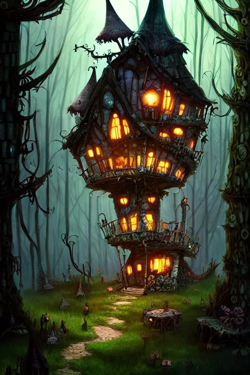 Image similar to a shot from a tim burton movie of a storybook style ramshackle multistory fairytale hut in the forest, intricate, elegant, fantasy, highly detailed, digital painting, concept art, sharp focus, artstation