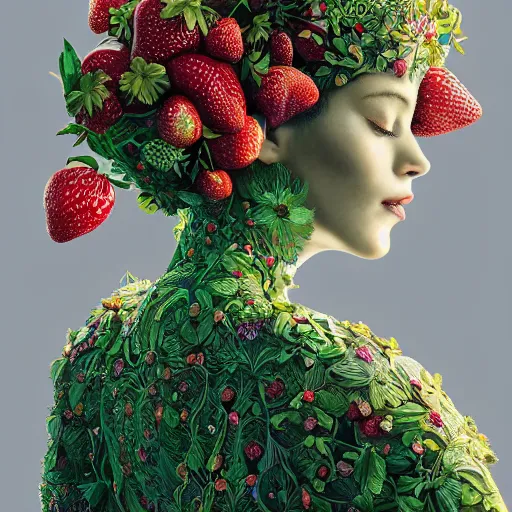 Image similar to the portrait of an absurdly beautiful, graceful, elegant, sophisticated woman made of strawberries and green petals, an ultrafine hyperdetailed illustration by kim jung gi, irakli nadar, intricate linework, bright colors, octopath traveler, final fantasy, unreal engine 5 highly rendered, global illumination, radiant light, detailed and intricate environment