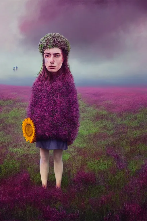 Image similar to portrait, enormous daisy flower head, a girl wearing coat in heather field, surreal photography, wind and cold, dramatic sky, impressionist painting, digital painting, artstation, simon stalenhag