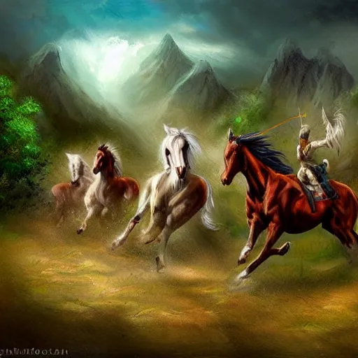 Image similar to horses made out rice galloping through the wilderness, style of Magic the Gathering, fantasy art