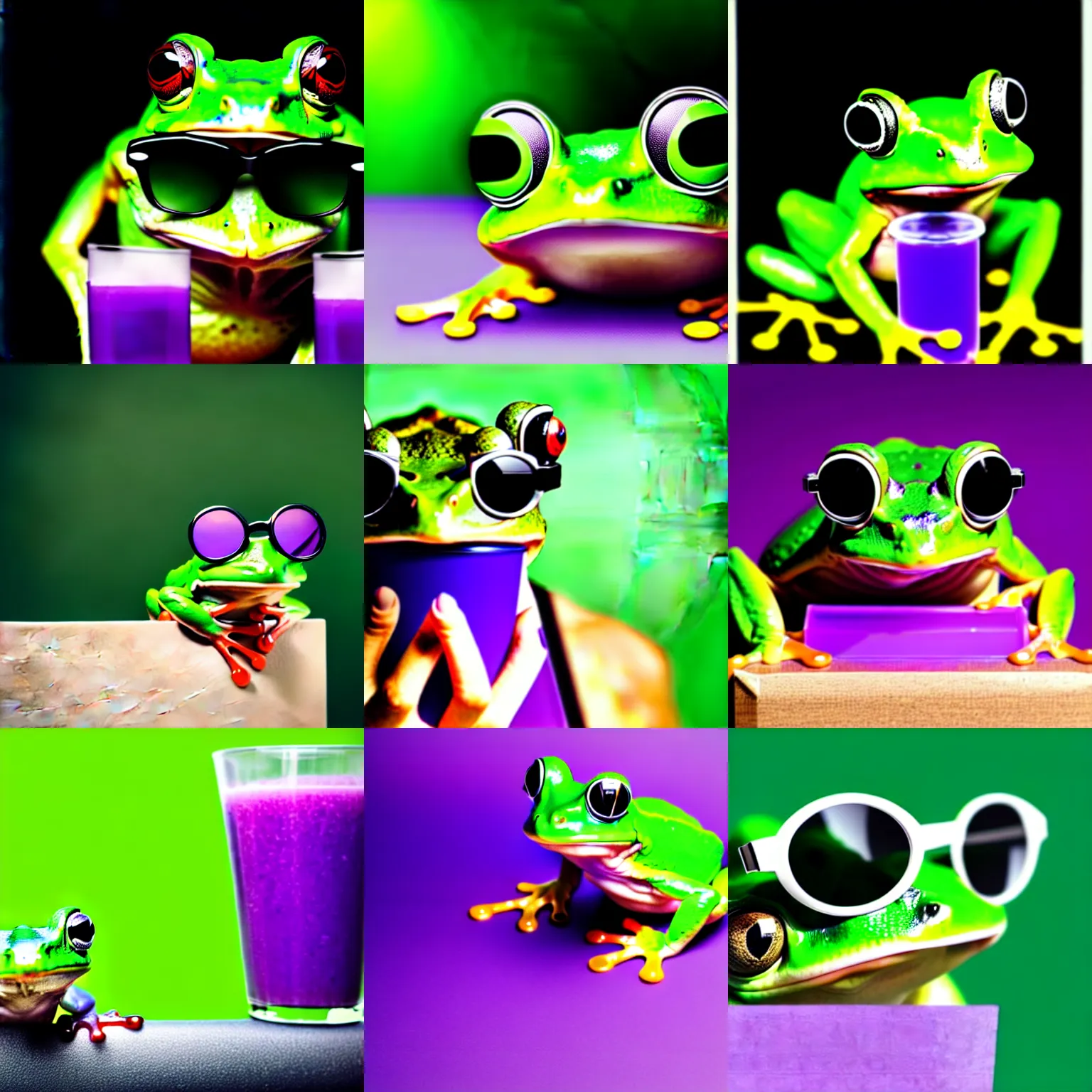 Prompt: a cute green frog with white - framed sunglasses on his face wearing a black shirt while drinking from a purple juicebox, macro photography