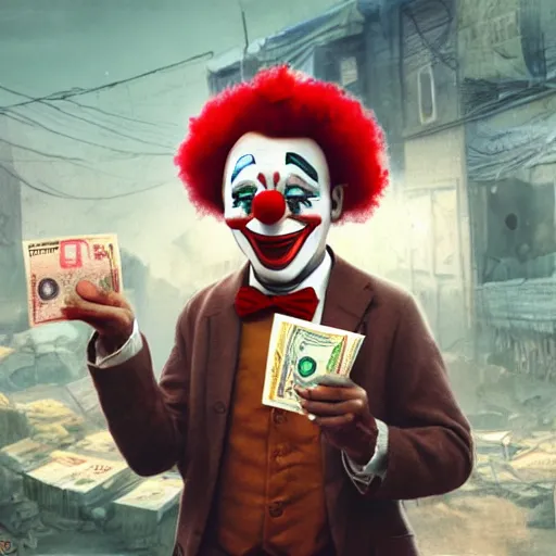 Image similar to A clown holding a dollar banknote, background is a slum, artstation, cgsociety, masterpiece