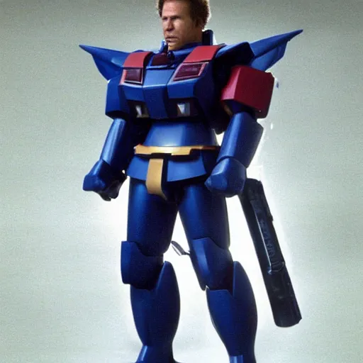 Prompt: will ferrell wearing a gundam suit, live action film