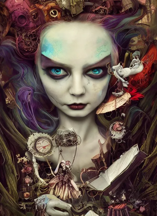 Image similar to alice in wonderland, angry, scary, cheeky, steampunk googles, highly detailed, cinematic, 8 k, by megan duncanson, benjamin lacombe, adrian borda, stanley artgermm, tom bagshaw, craig mullins, carne griffiths, ayami kojima, beksinski, giger, trending on deviantart, hyper detailed, horror, full of colour