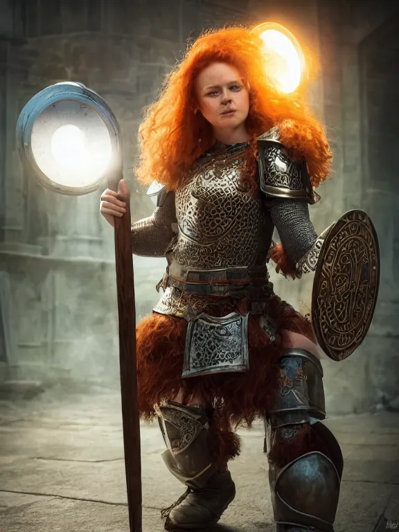 Prompt: dwarven woman, ginger hair, green eyes, holding hammer and shield with plate armour ultra realistic , lens flare, atmosphere, glow, detailed,intricate, full of colour, cinematic lighting, trending on artstation, 4k, hyperrealistic, focused, extreme details,unreal engine 5, cinematic, masterpiece