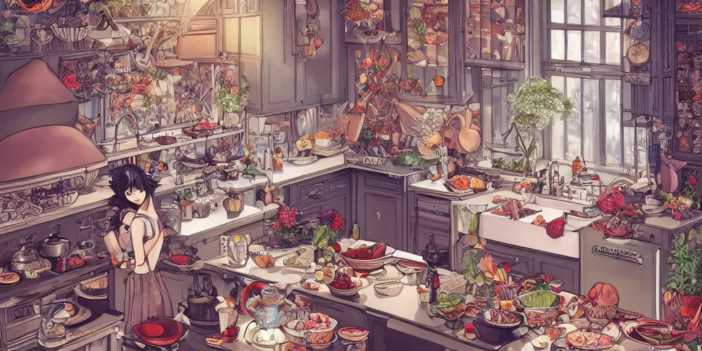 Prompt: a beatiful kitchen, extremely detailed, sharp focus, wide view, full body shot, smooth, digital illustration, colorfull by, james jean, by rossdraws, frank franzzeta, sakimichan, mcbess, aphonse mucha