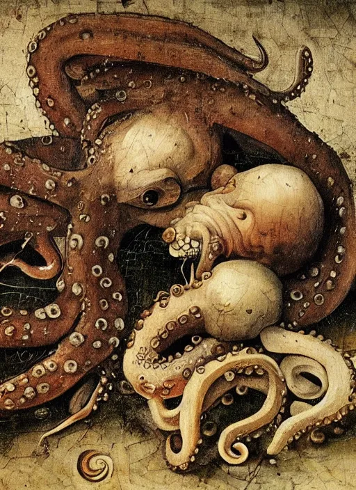 Image similar to Octopus eating a deceased homeless man corpse, horror photography, 4k quality, highly detailed features, by Hieronymus Bosch, painted on metal canvas