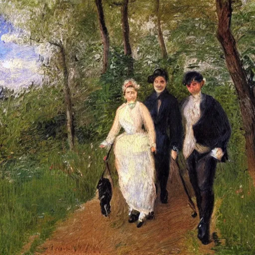 Prompt: painting of three women , a man and a white dog walking in a forest. Impressionism.