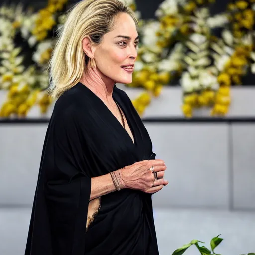 Image similar to Sharon Stone wearing a black Kimono with an intricate flower pattern, XF IQ4, f/1.4, ISO 200, 1/160s, 8K, RAW, unedited, symmetrical balance, in-frame