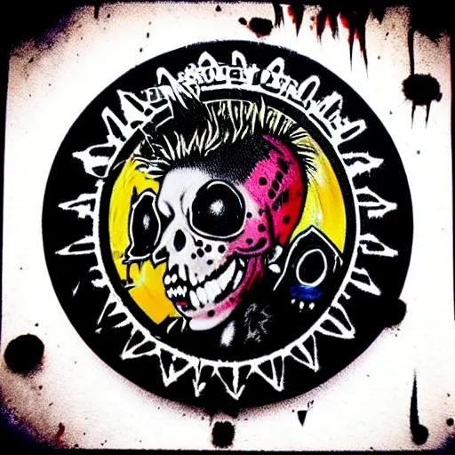 Image similar to painting on a badge, punks not dead!, exploited, clash, punk rock album cover art style, grunge, no future