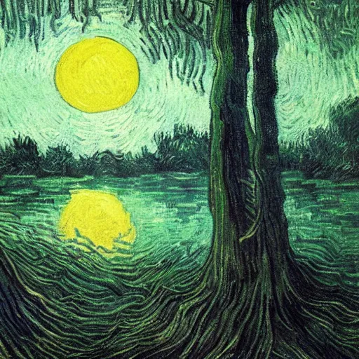 Image similar to highly realistic scenic painting of a towering misty dark fantasy forest surrounding a pond, a rusalka sits on the roots of an ancient tree looking up at the moon, spooky fog, looming trees, beautiful fantasy painting hd, painting by van gogh